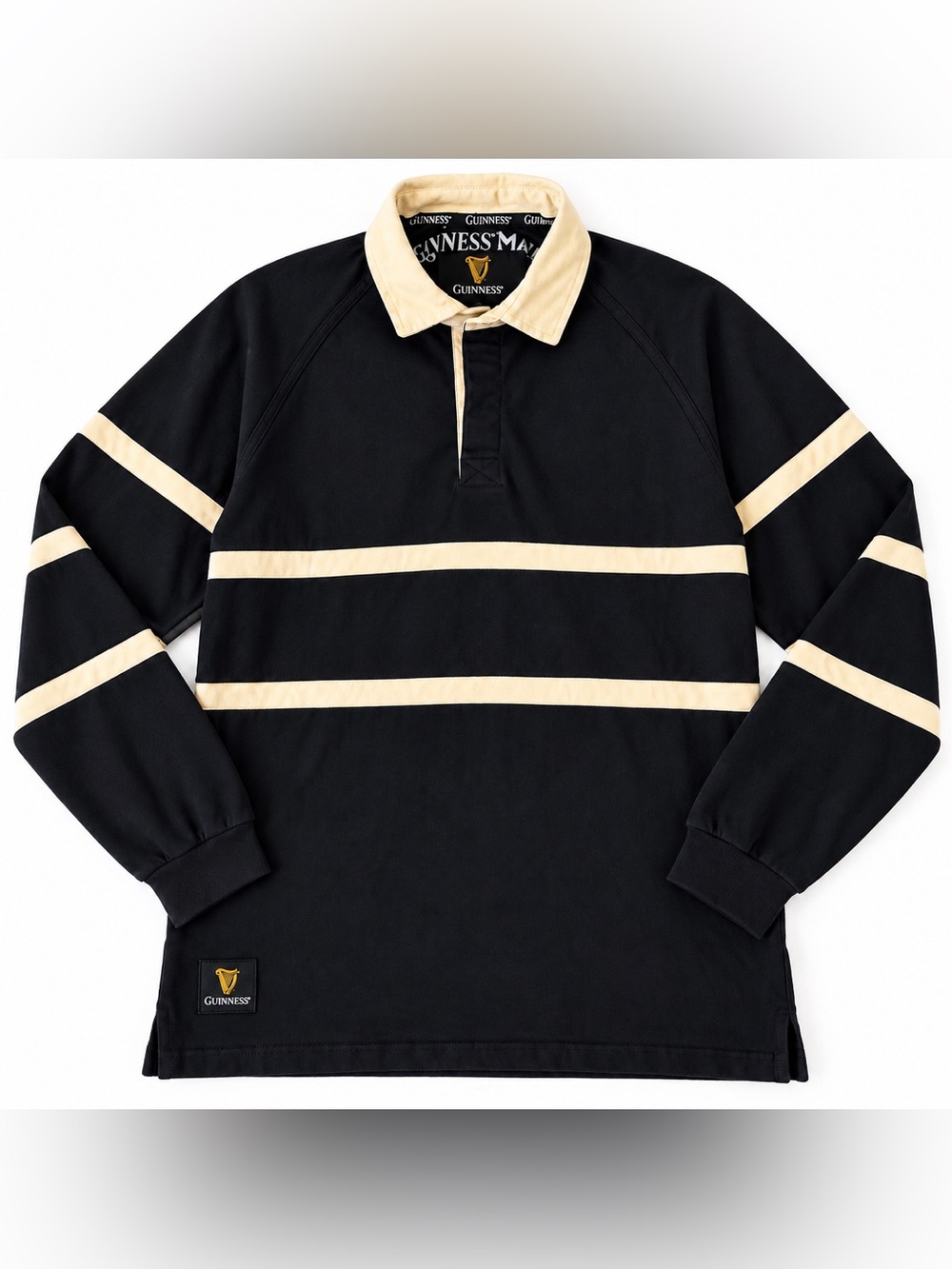 Guinness Rugby Shirt Black Cream Long Sleeve Harp Logo Size XL